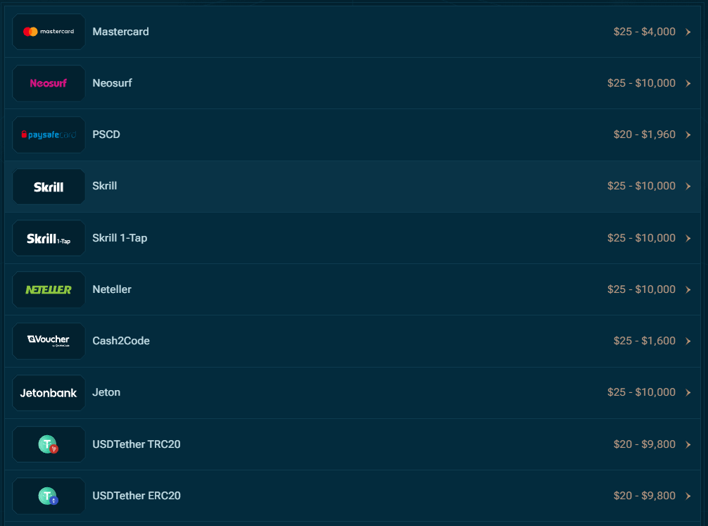 Payment options in Slotuna Casino
